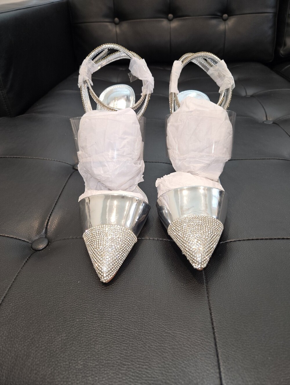 Women's Silver Pointed Crystal Toe Ankle Strap Heels